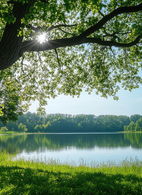 The feeling of an afternoon nap beside a calm lake, lying on the grass, lulled by the rustle of leaves dancing in the trees above.